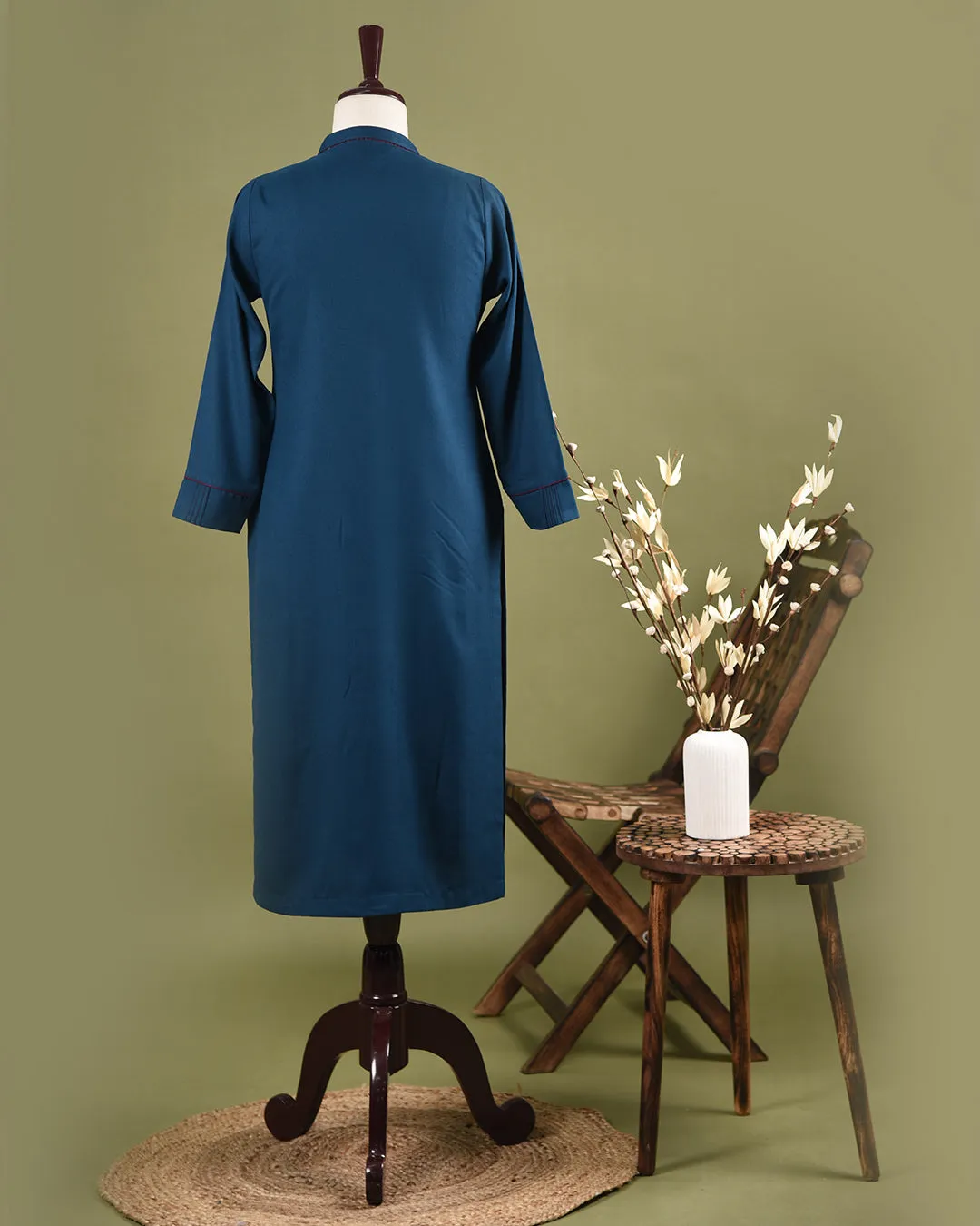 Blue Winter Wear Wool Spun Blend Embroidered Ready To Wear Kurta With Pant