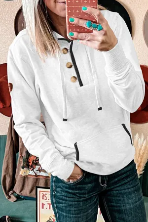 Bright White Drawstring Kangaroo Pocket Henley Hoodie
