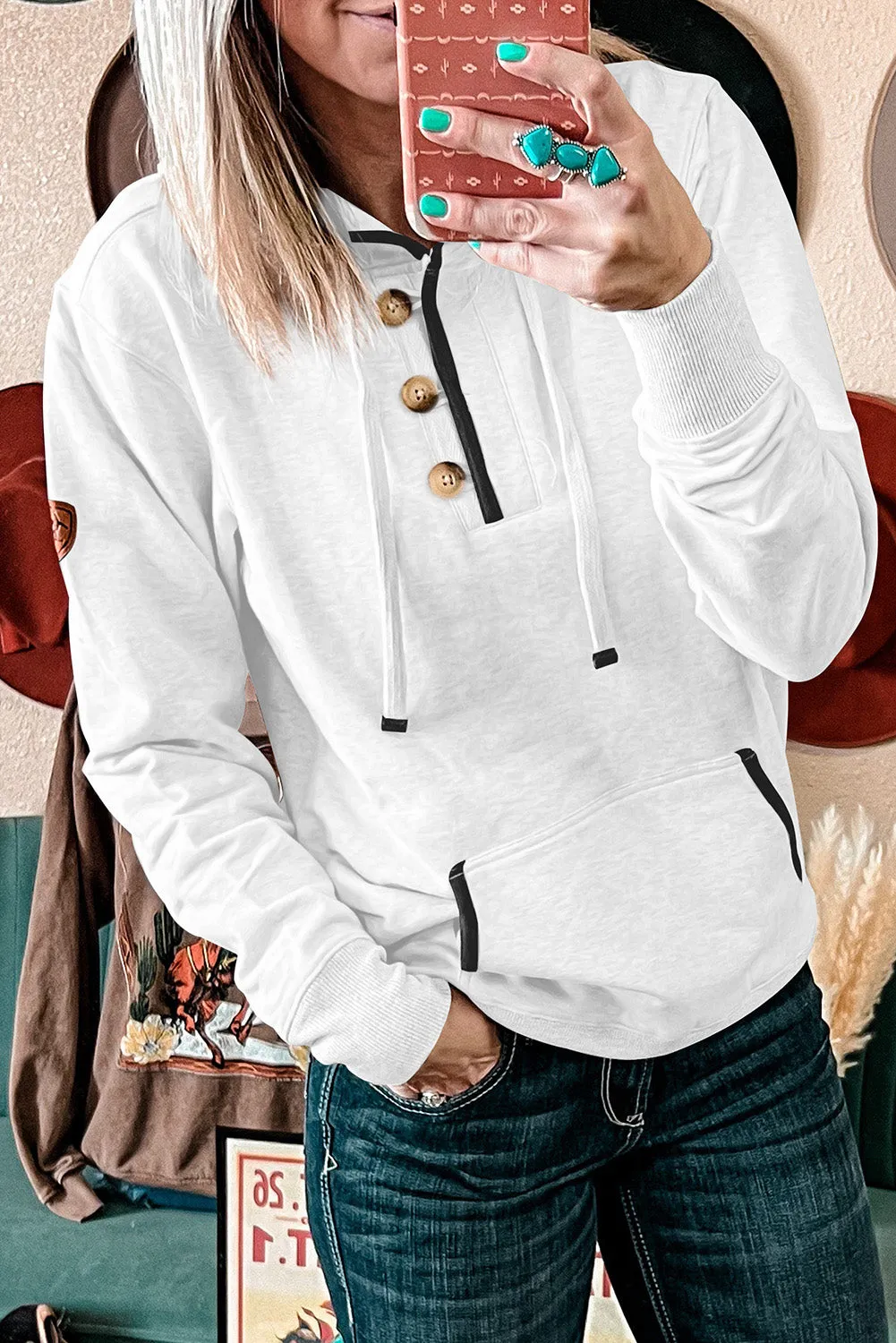 Bright White Drawstring Kangaroo Pocket Henley Hoodie