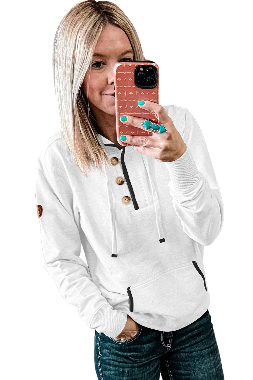 Bright White Drawstring Kangaroo Pocket Henley Hoodie
