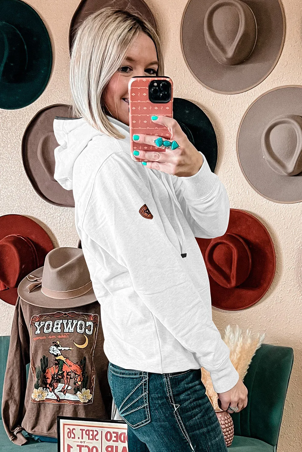 Bright White Drawstring Kangaroo Pocket Henley Hoodie