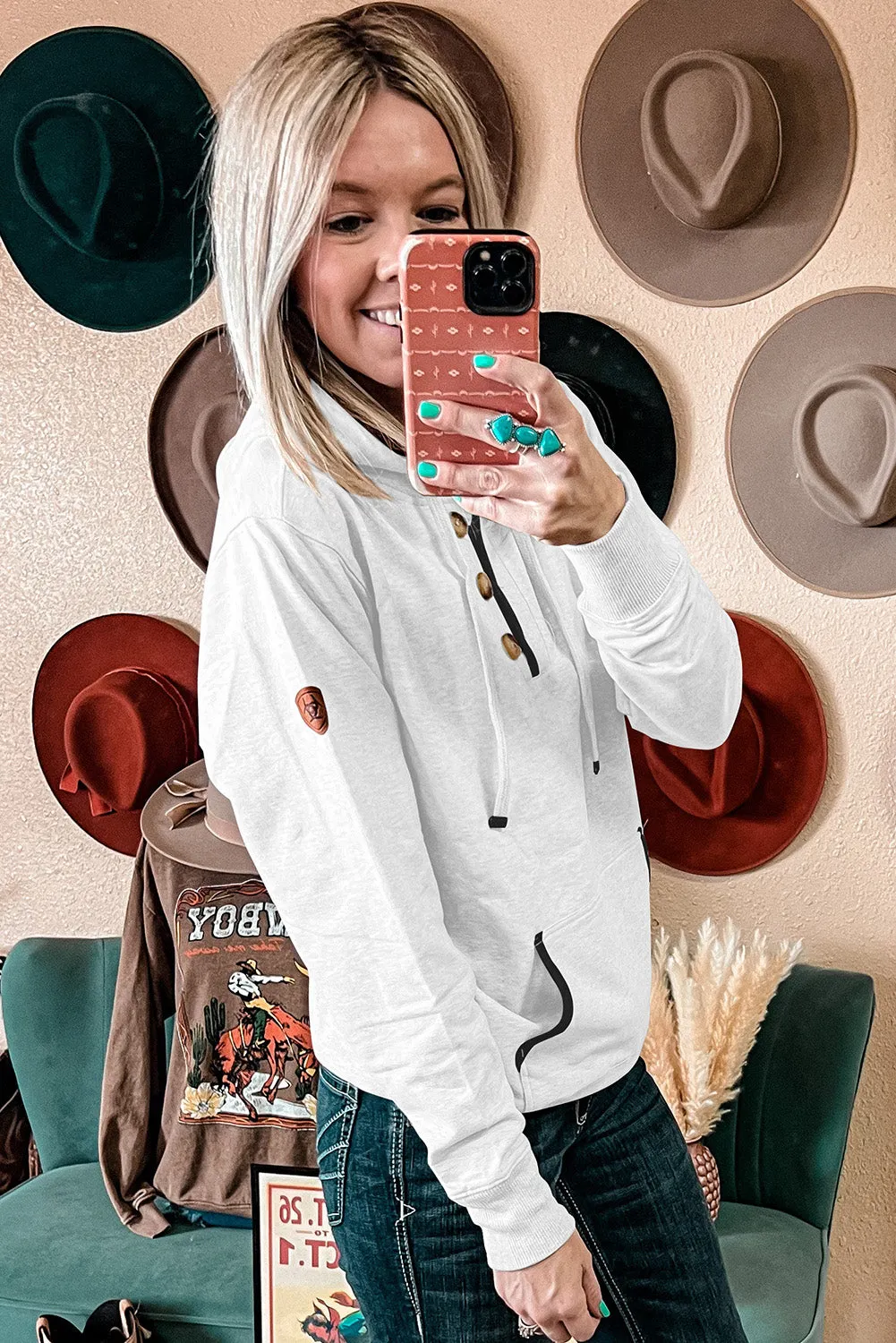 Bright White Drawstring Kangaroo Pocket Henley Hoodie