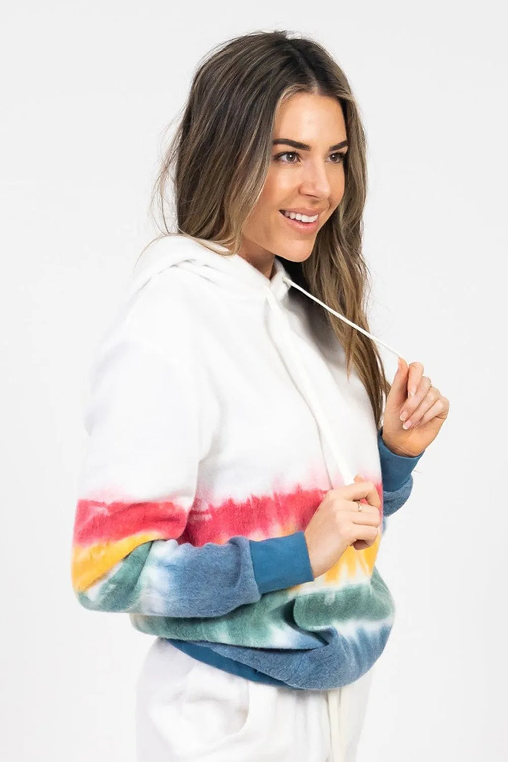 Bright White Tie-Dye Kangaroo Pocket Drawstring Hoodie