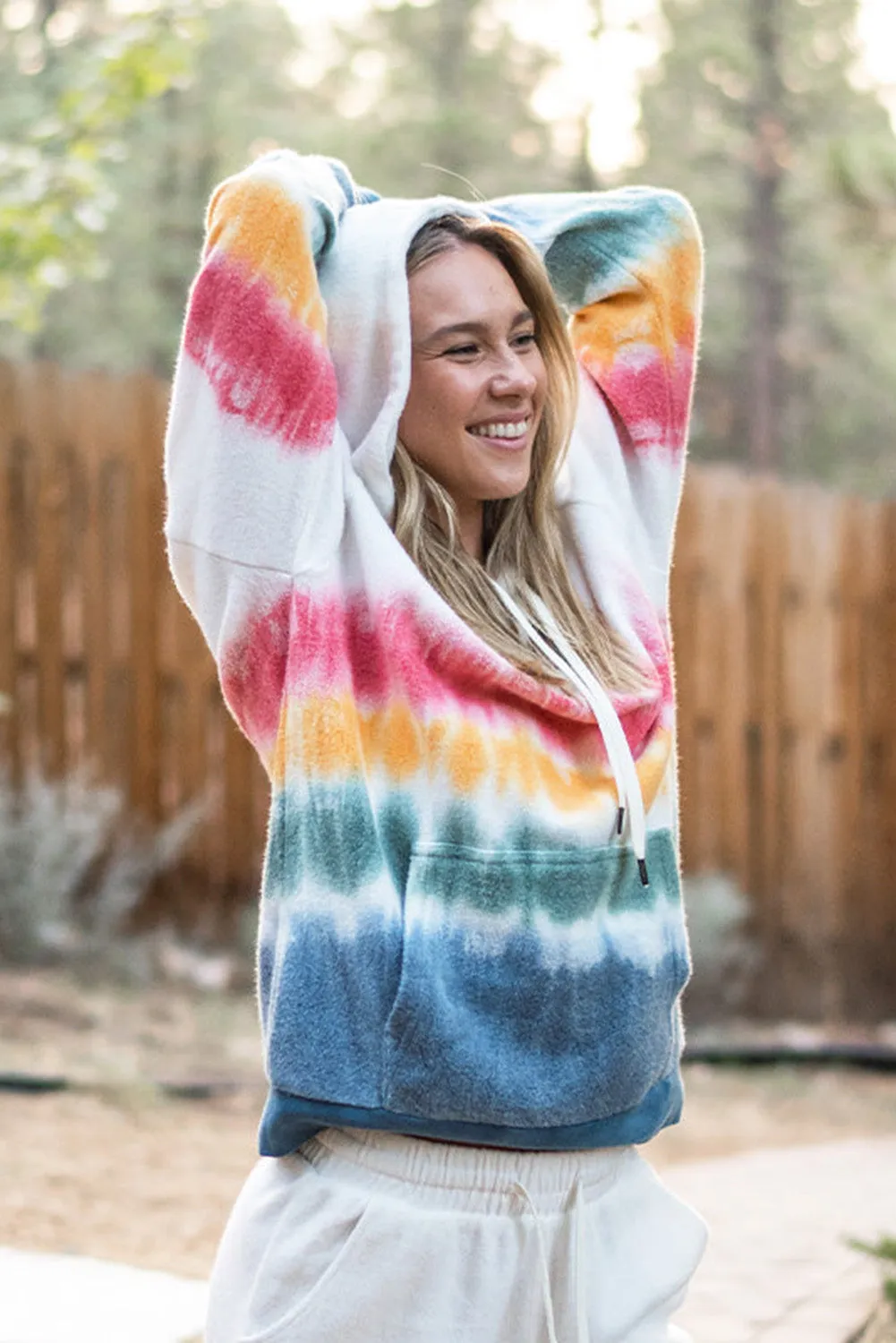 Bright White Tie-Dye Kangaroo Pocket Drawstring Hoodie