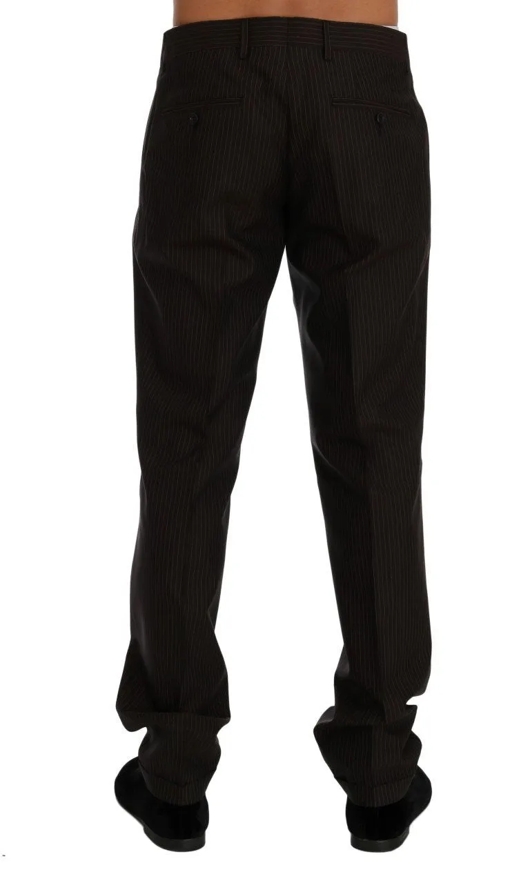 Brown Striped Wool Stretch Formal Pants