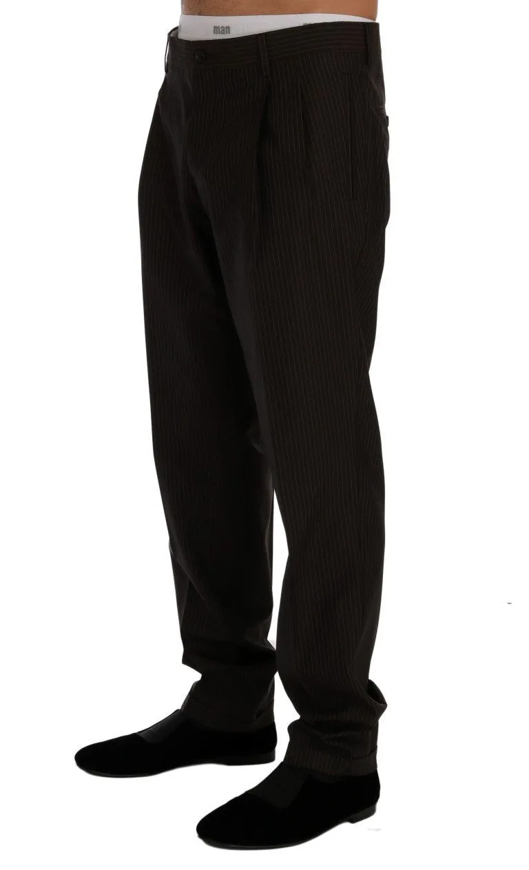 Brown Striped Wool Stretch Formal Pants