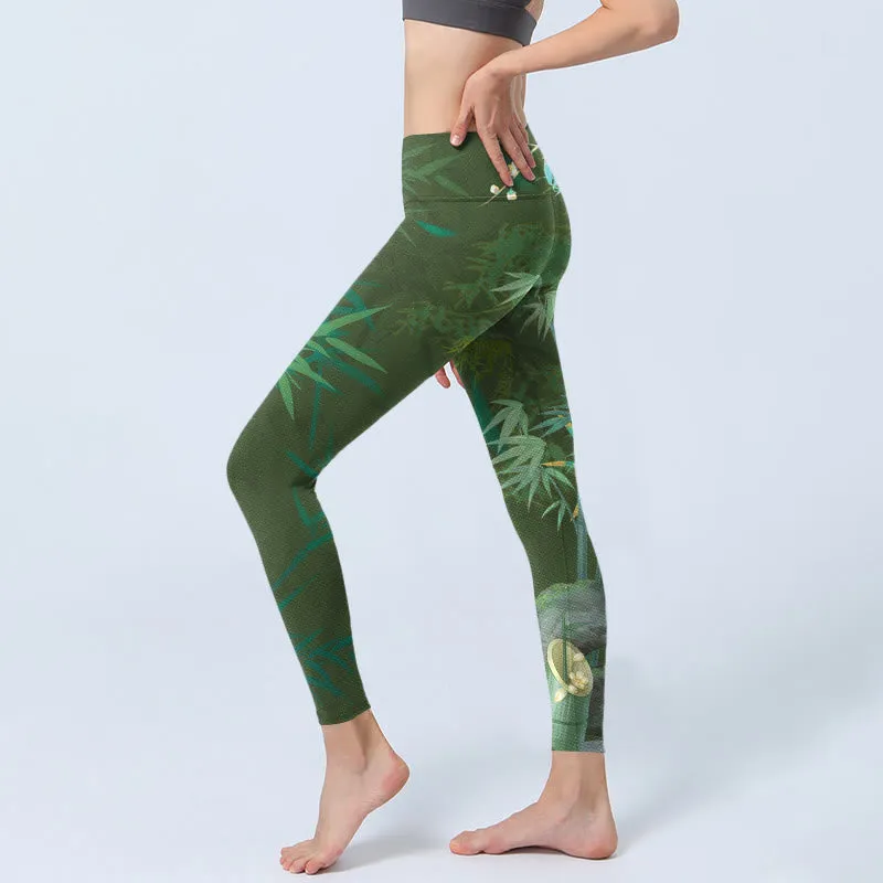 Buddha Stones Green Bamboo Rock Flower Print Gym Leggings Women's Yoga Pants