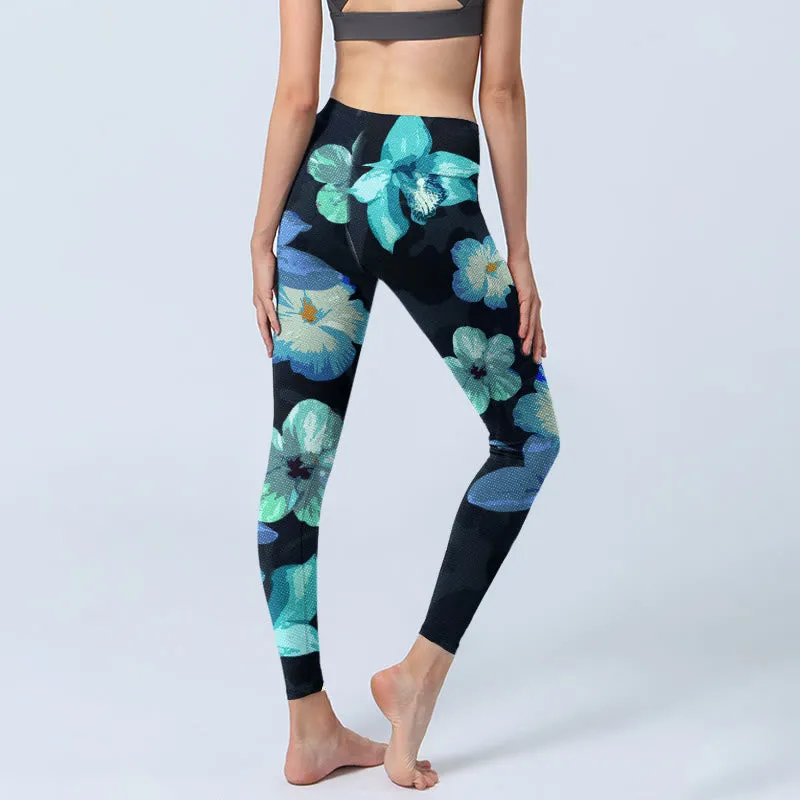 Buddha Stones Green Blue Floral Print Exercise Leggings Women's Yoga Pants