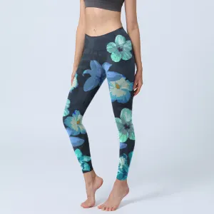 Buddha Stones Green Blue Floral Print Exercise Leggings Women's Yoga Pants