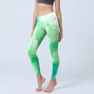 Buddha Stones Green Ink Wash Pattern Gym Leggings Women's Yoga Pants