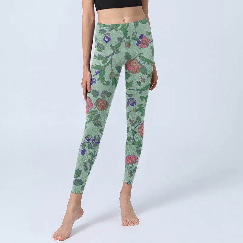 Buddha Stones Green Red Roses Green Leaves Print Gym Leggings Women's Yoga Pants