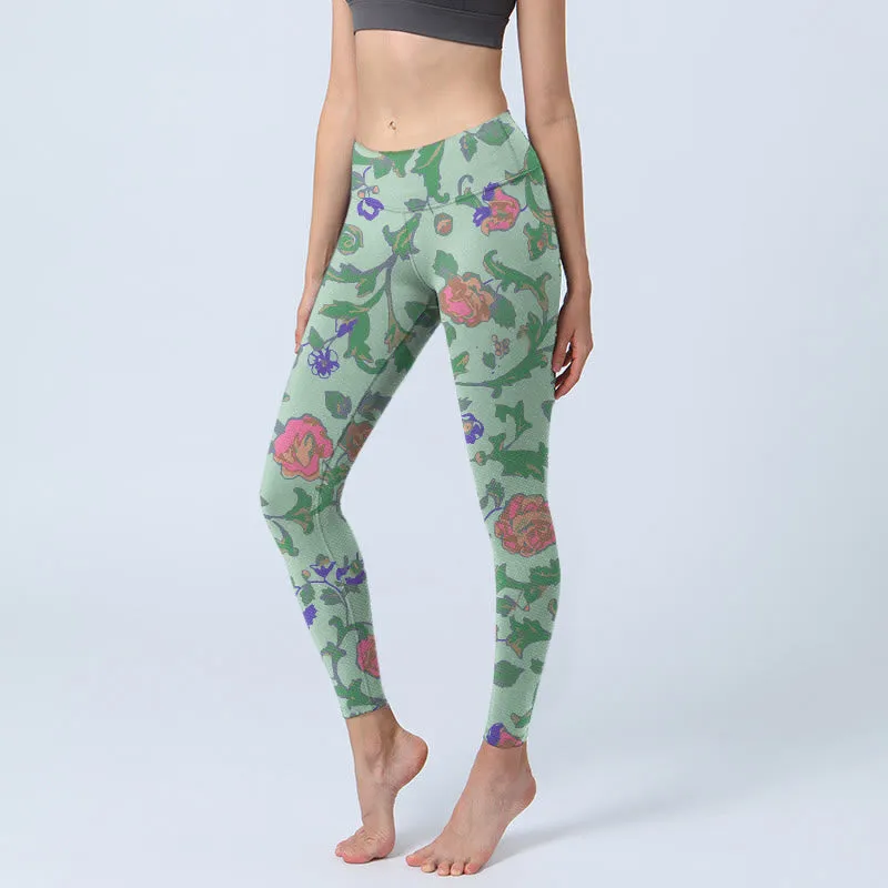 Buddha Stones Green Red Roses Green Leaves Print Gym Leggings Women's Yoga Pants