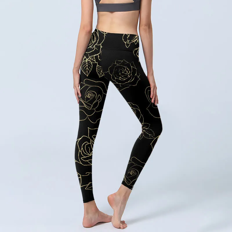 Buddha Stones Rose Flower Leaves Golden Line Pattern Print Gym Leggings Women's Yoga Pants