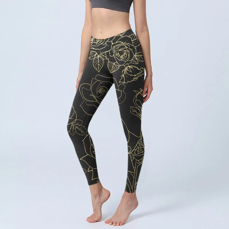 Buddha Stones Rose Flower Leaves Golden Line Pattern Print Gym Leggings Women's Yoga Pants