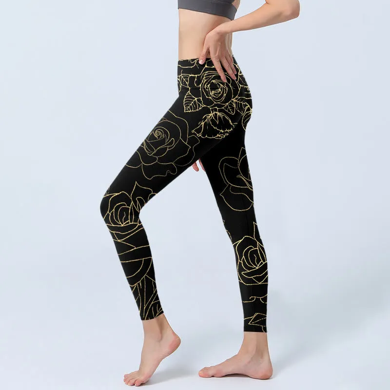 Buddha Stones Rose Flower Leaves Golden Line Pattern Print Gym Leggings Women's Yoga Pants