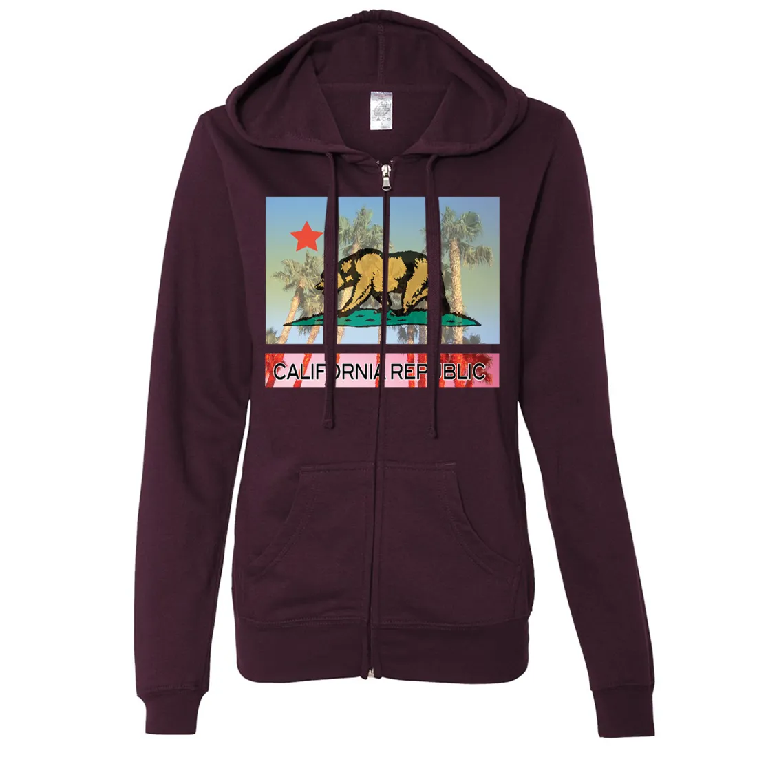California Republic Palm Tree Bear Ladies Lightweight Fitted Zip-Up Hoodie