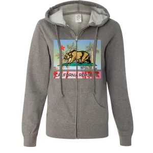 California Republic Palm Tree Bear Ladies Lightweight Fitted Zip-Up Hoodie