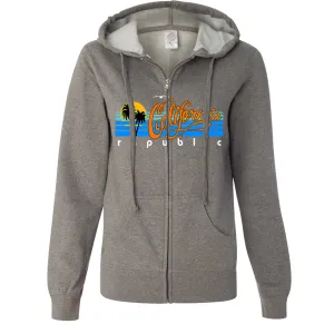 California Republic Palm Trees Ladies Lightweight Fitted Zip-Up Hoodie