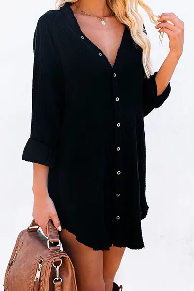 Casual Solid Buckle V Neck Tops(5 Colors)