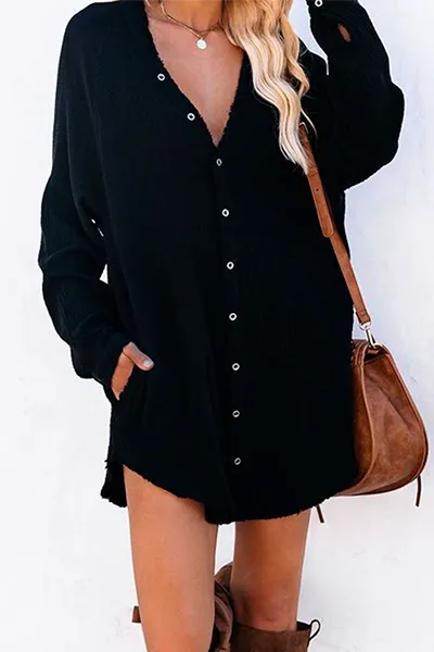 Casual Solid Buckle V Neck Tops(5 Colors)