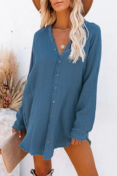 Casual Solid Buckle V Neck Tops(5 Colors)