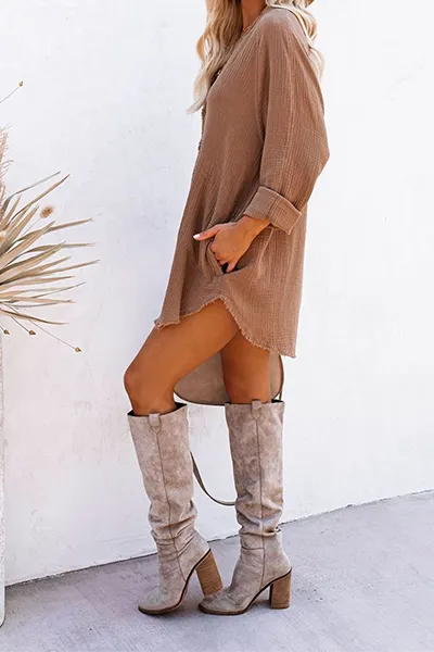 Casual Solid Buckle V Neck Tops(5 Colors)