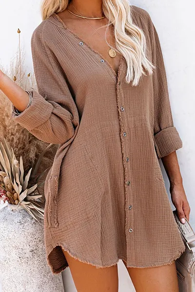 Casual Solid Buckle V Neck Tops(5 Colors)