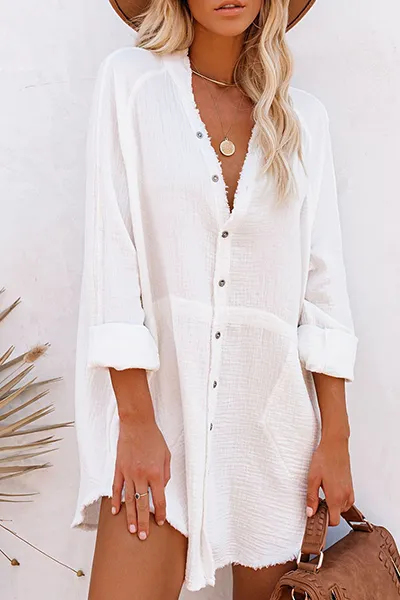 Casual Solid Buckle V Neck Tops(5 Colors)