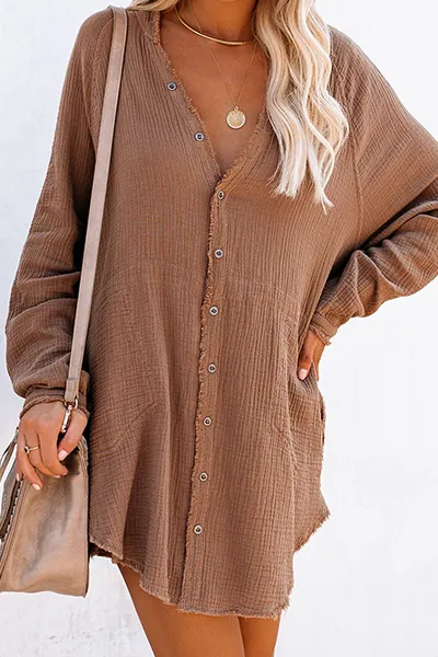 Casual Solid Buckle V Neck Tops(5 Colors)
