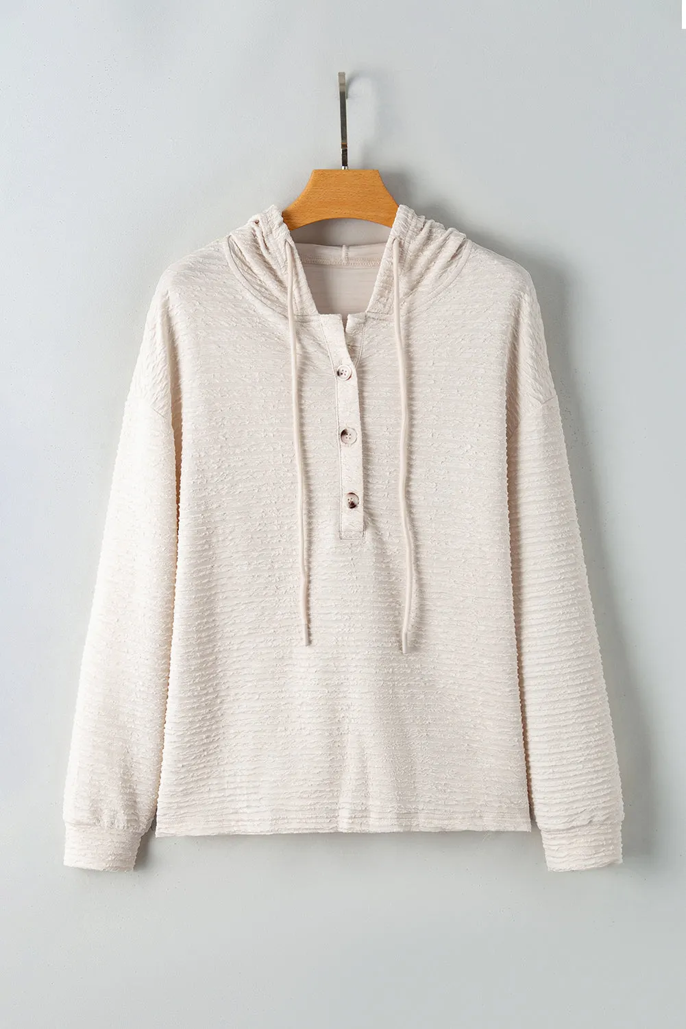 Casual Solid Textured Drawstring Henley Light-Weight Hoodie