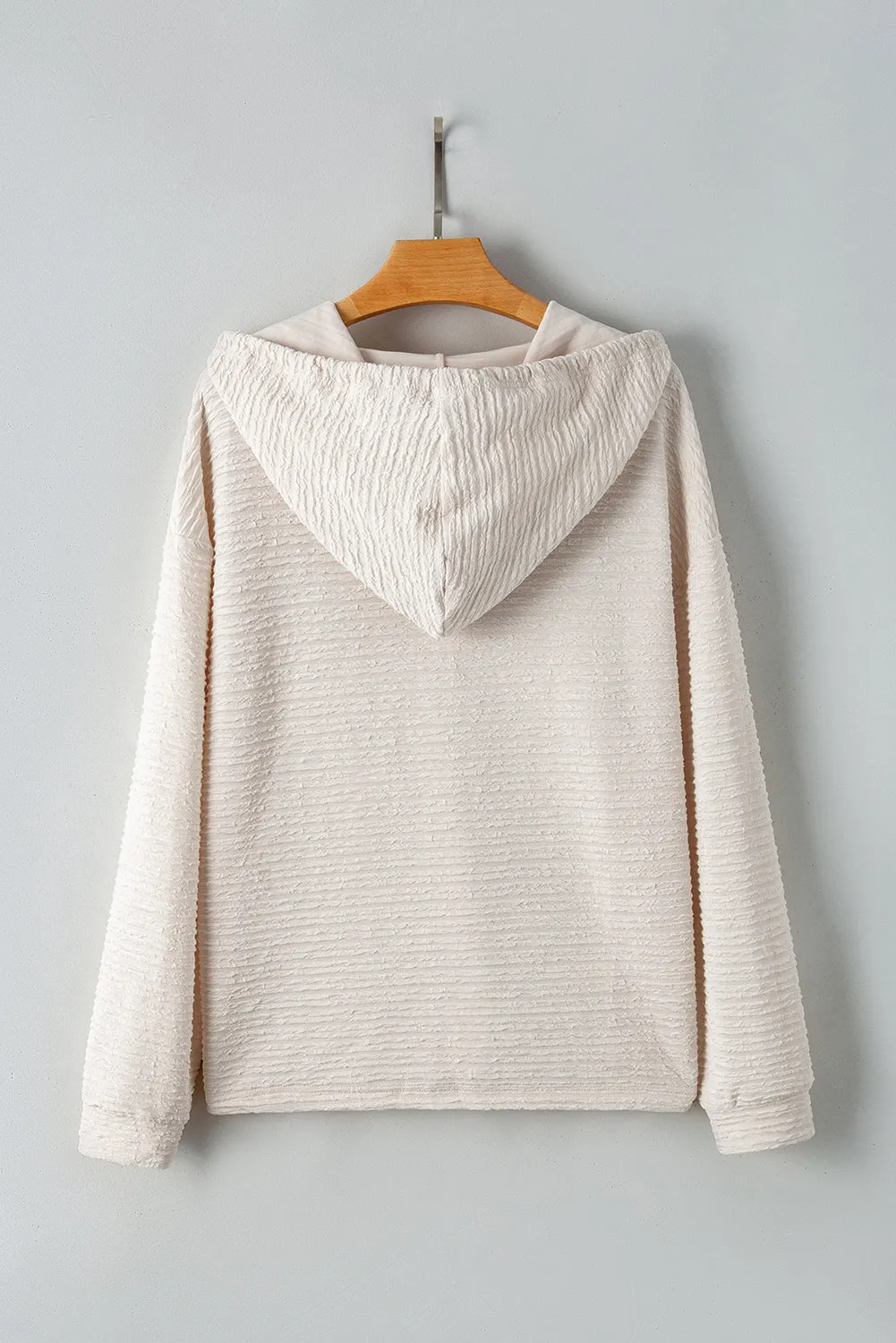 Casual Solid Textured Drawstring Henley Light-Weight Hoodie