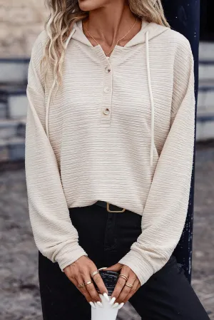 Casual Solid Textured Drawstring Henley Light-Weight Hoodie