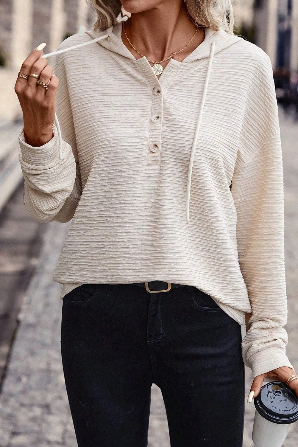 Casual Solid Textured Drawstring Henley Light-Weight Hoodie