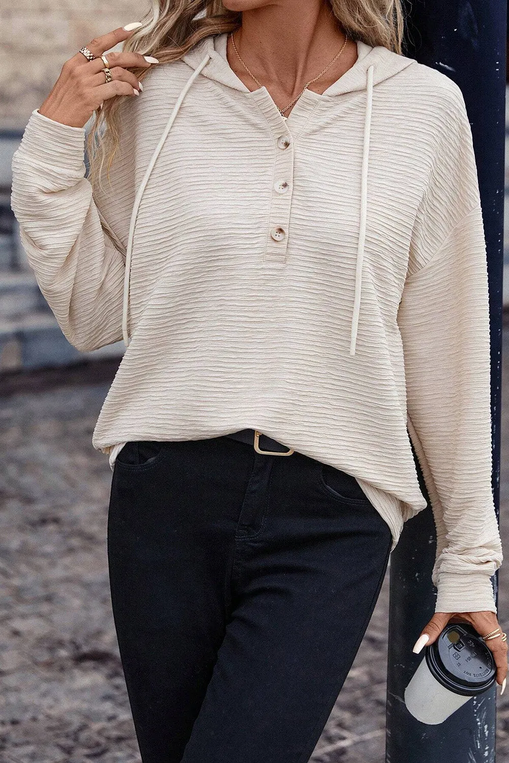 Casual Solid Textured Drawstring Henley Light-Weight Hoodie