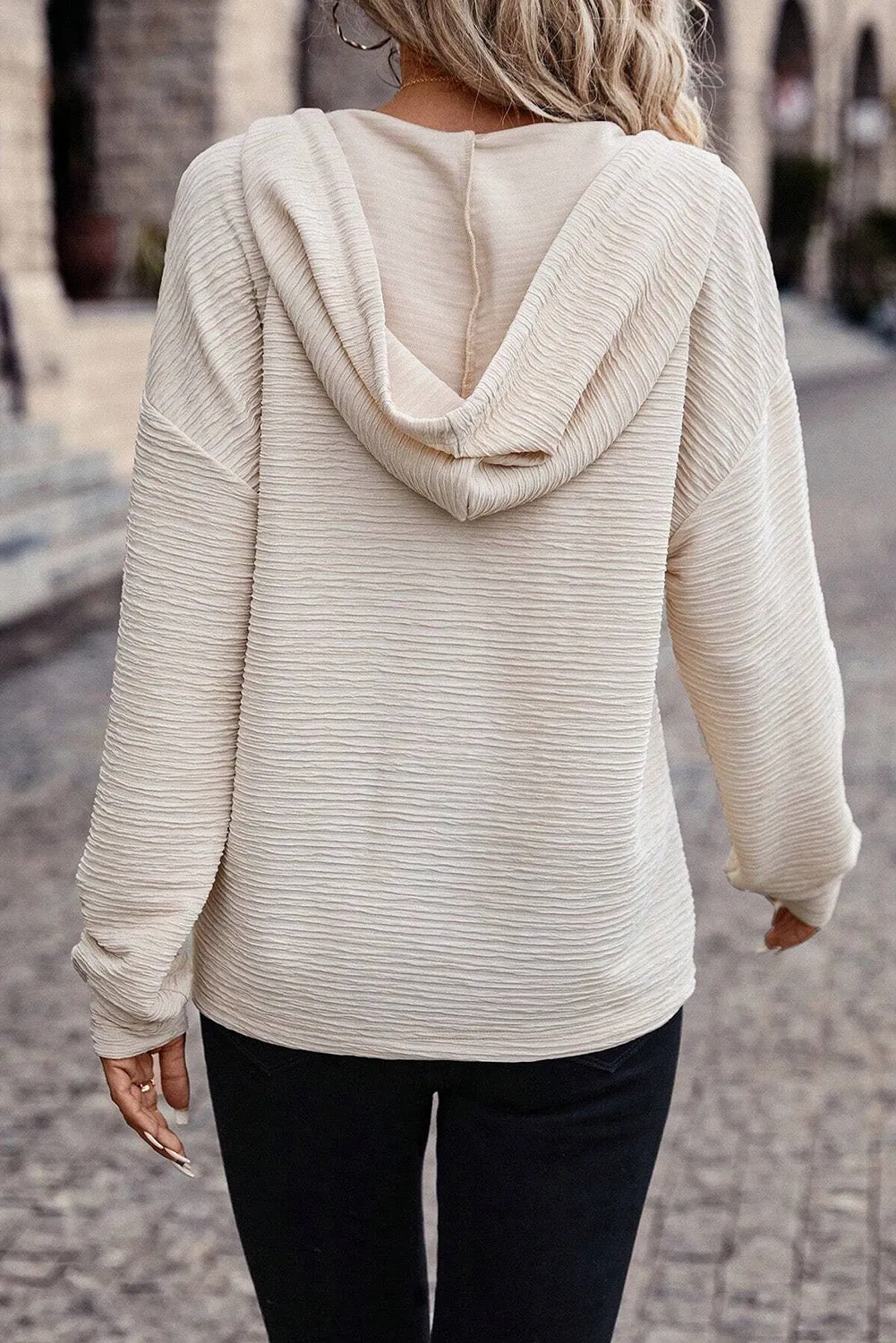Casual Solid Textured Drawstring Henley Light-Weight Hoodie