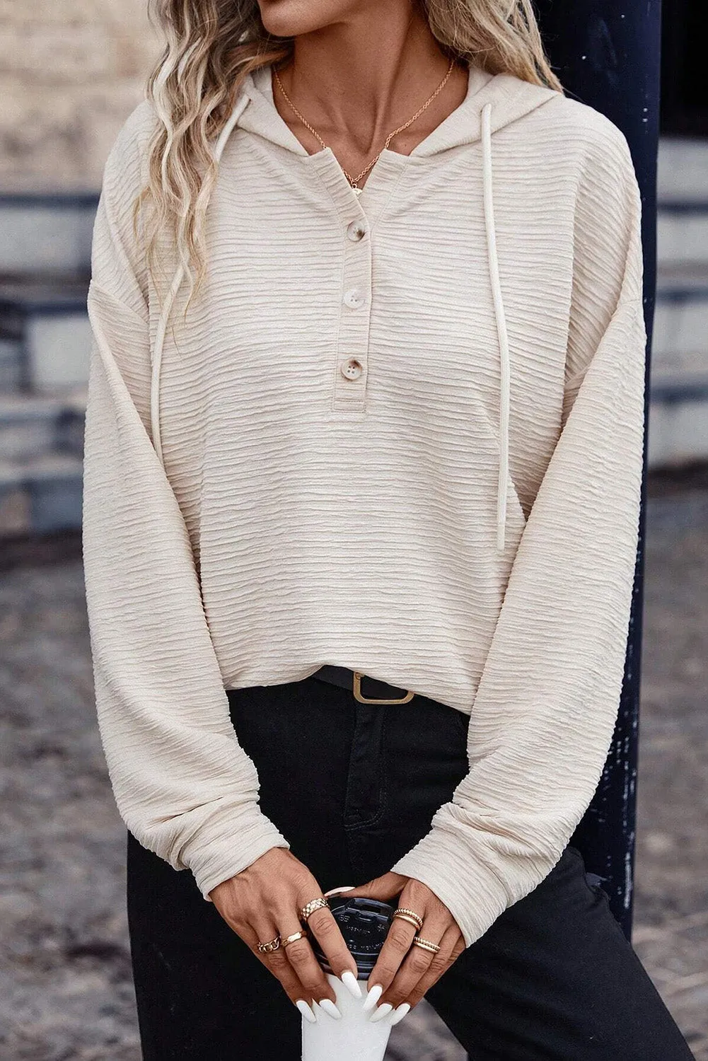 Casual Solid Textured Drawstring Henley Light-Weight Hoodie