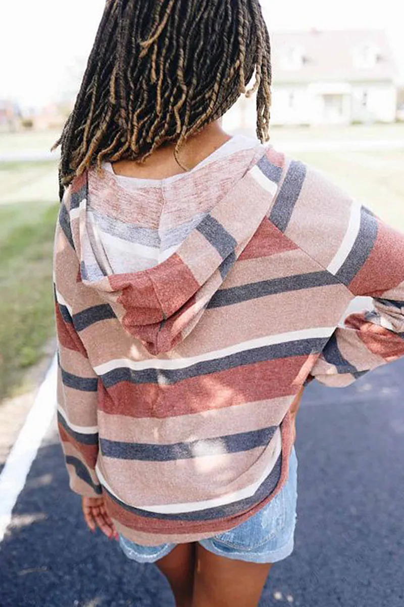 Casual Striped Draw String Hooded Collar Tops