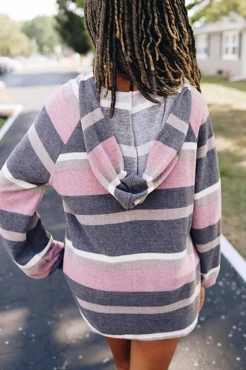 Casual Striped Draw String Hooded Collar Tops