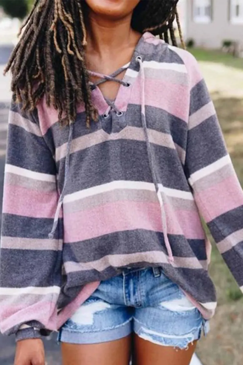 Casual Striped Draw String Hooded Collar Tops
