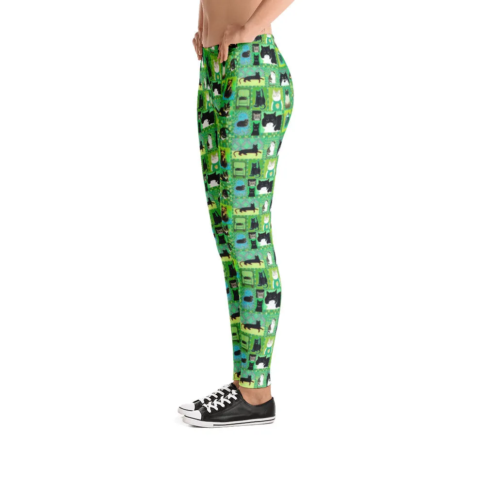 CATS ON QUILTS (GREEN) Mid-Rise Leggings