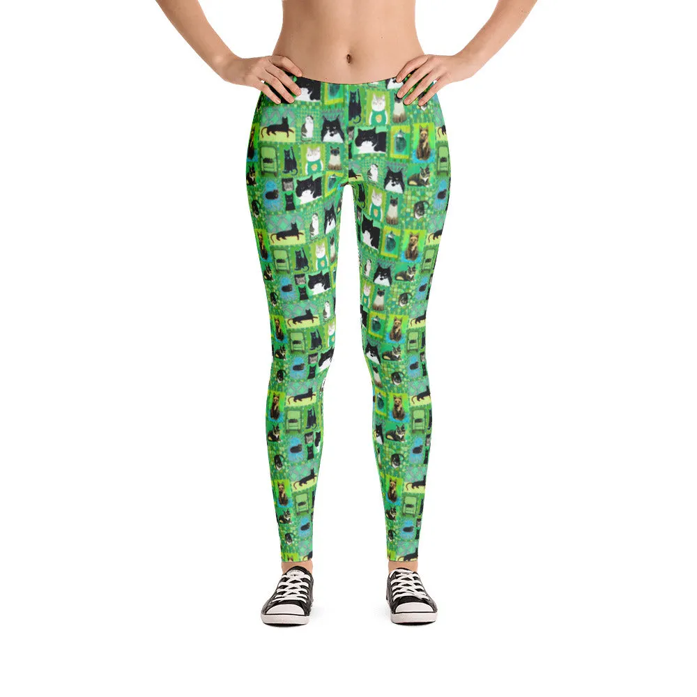 CATS ON QUILTS (GREEN) Mid-Rise Leggings