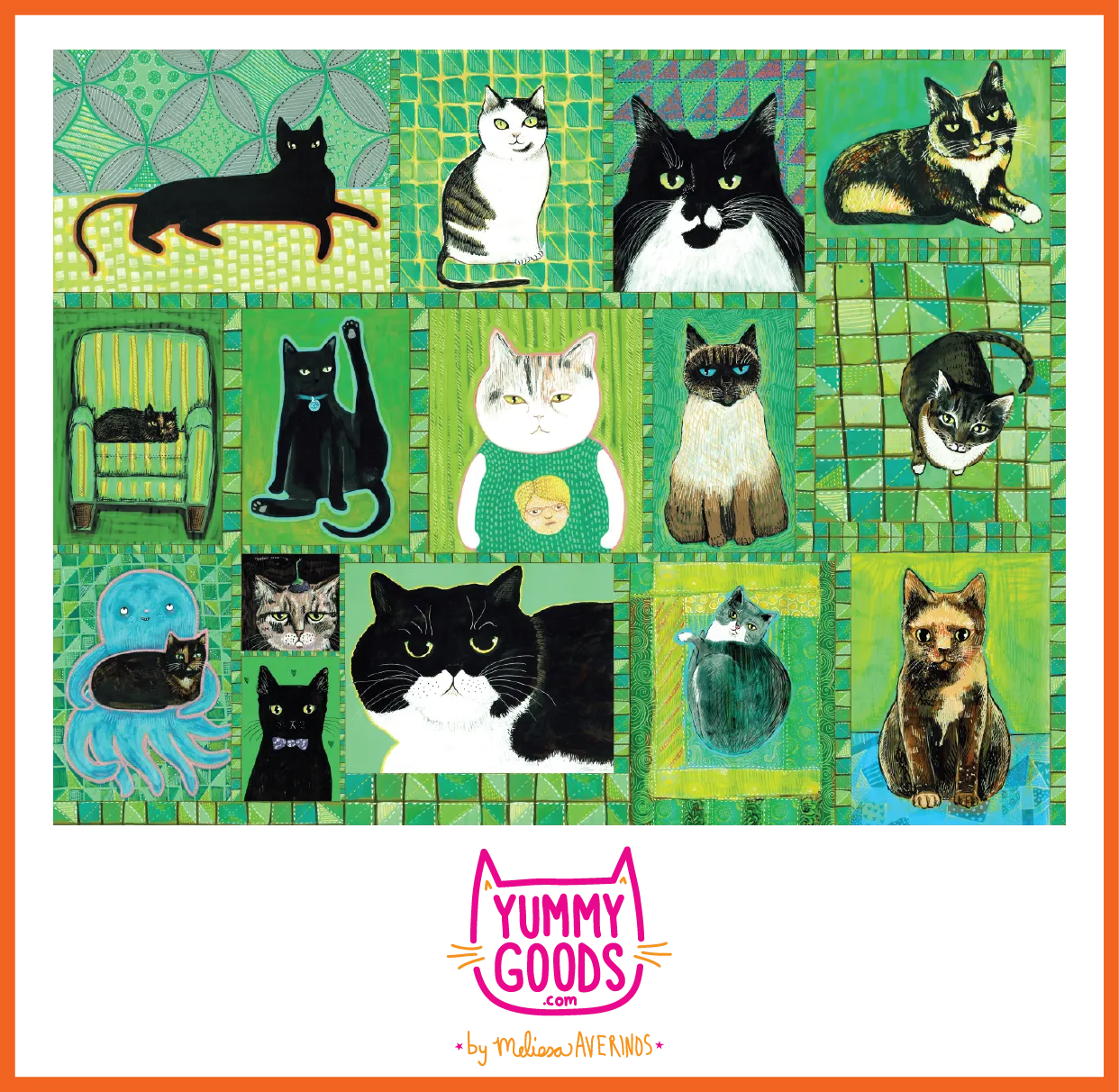 CATS ON QUILTS (GREEN) Mid-Rise Leggings