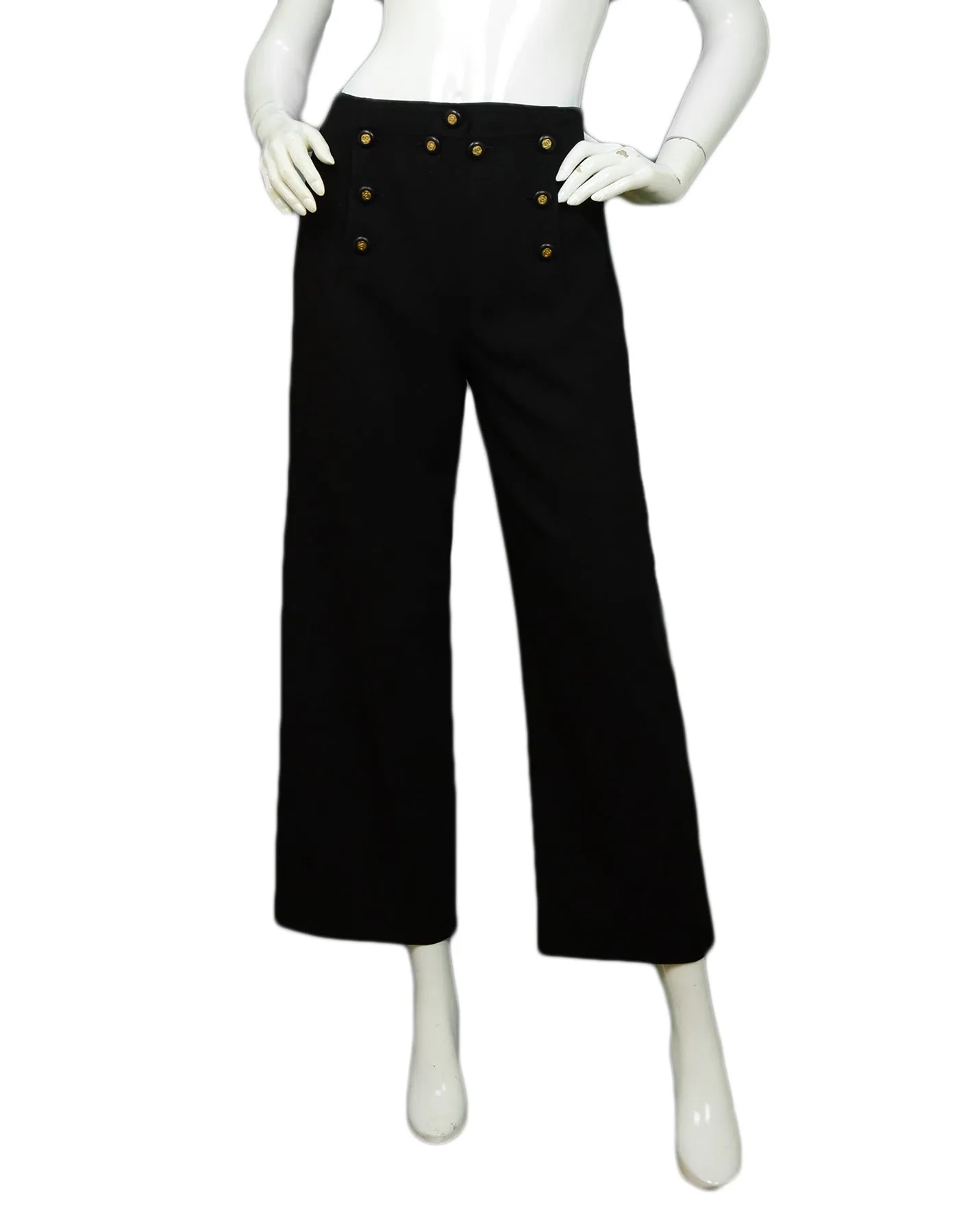 Chanel Vintage Black Wool Sailor Pants w/ 9 CC Buttons sz 34