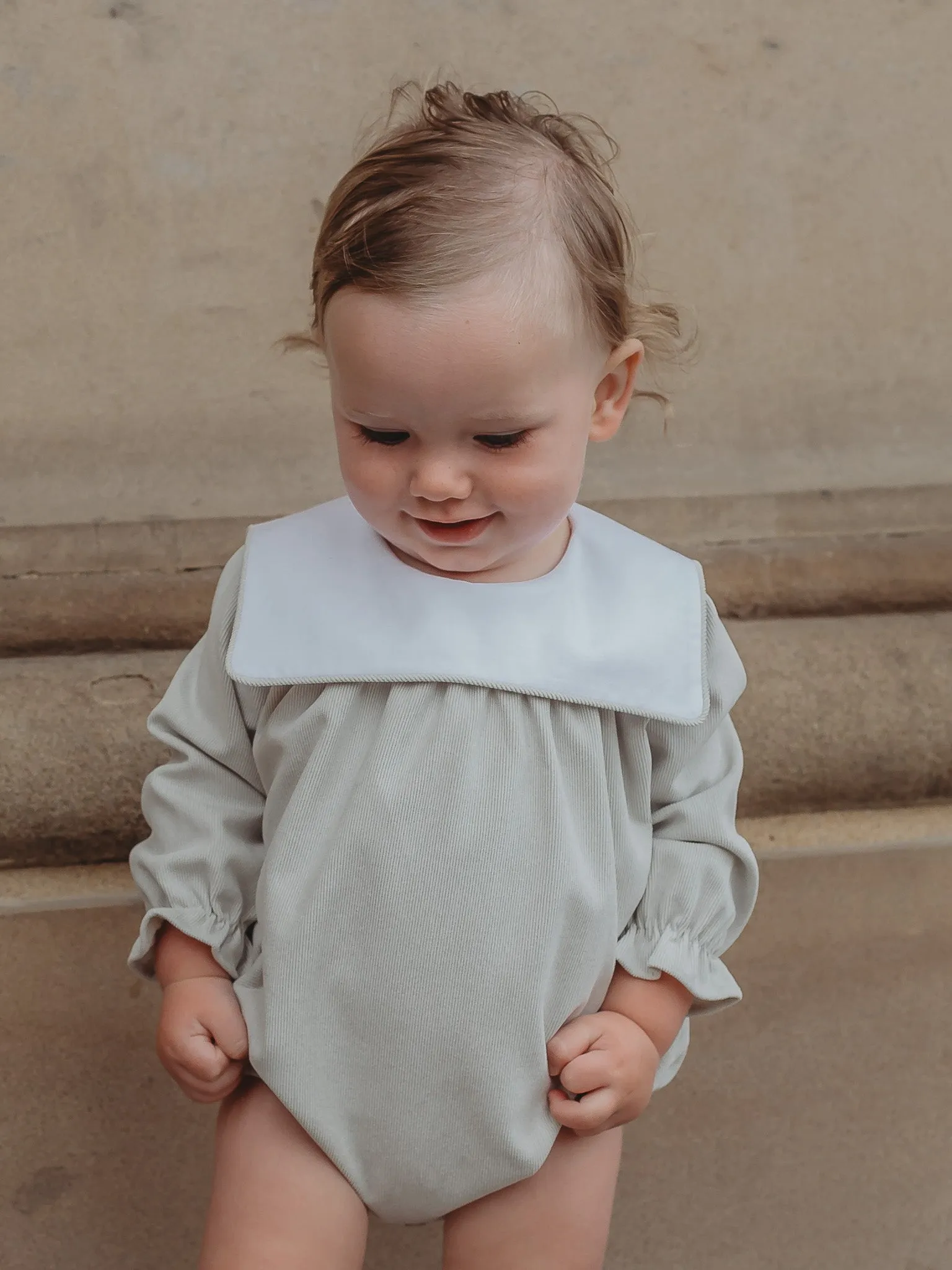 'Charles' Beige babycord sailor collar romper
