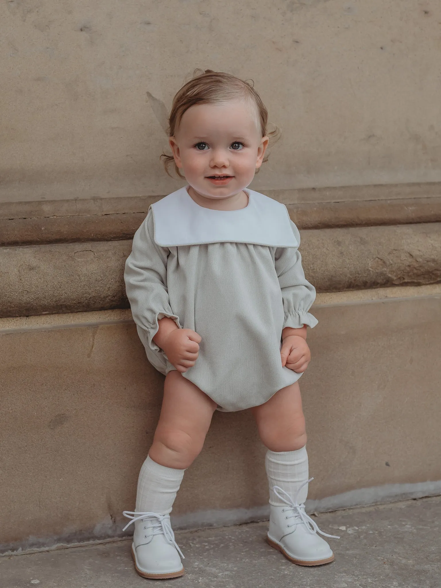 'Charles' Beige babycord sailor collar romper