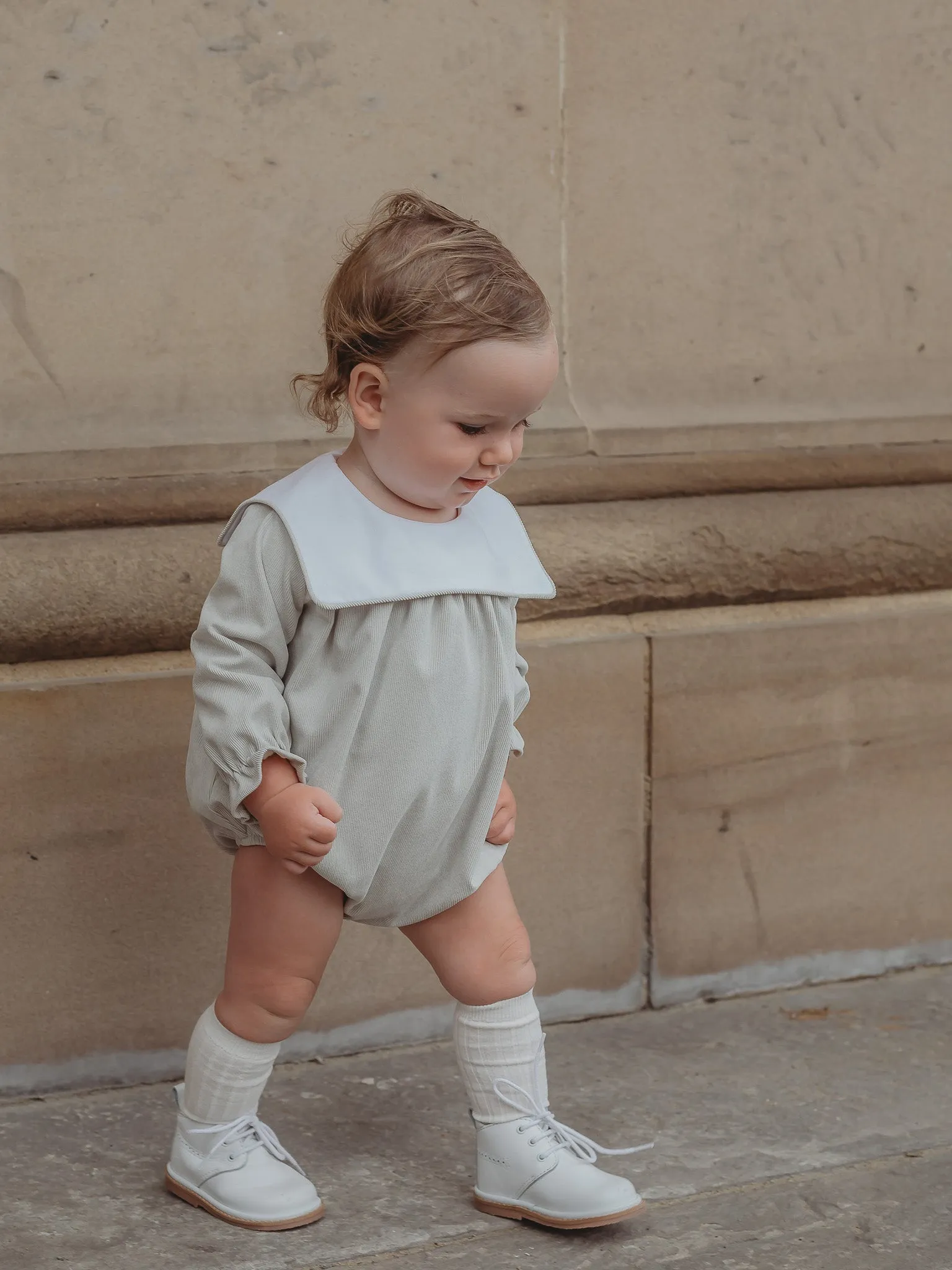 'Charles' Beige babycord sailor collar romper