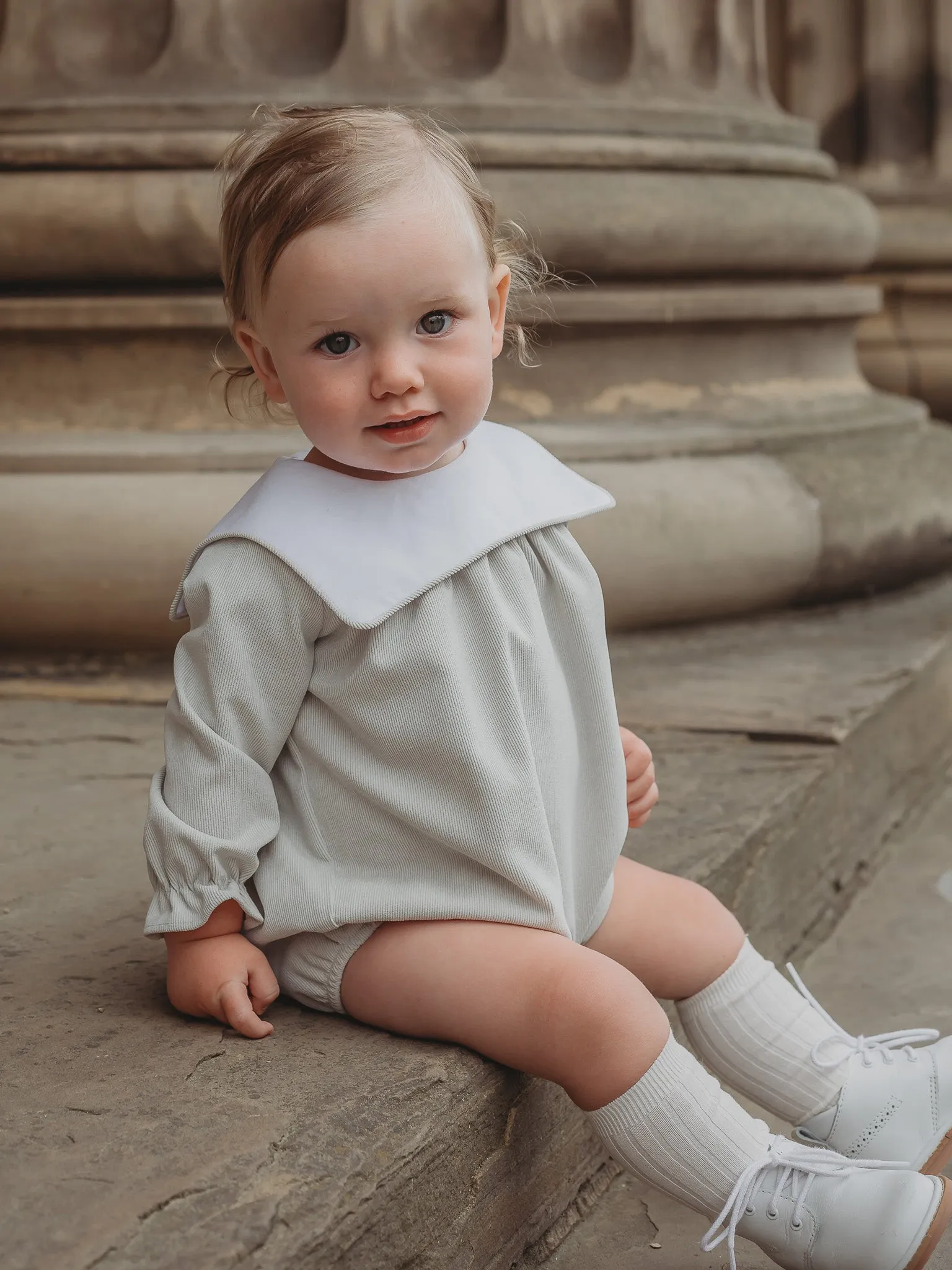 'Charles' Beige babycord sailor collar romper