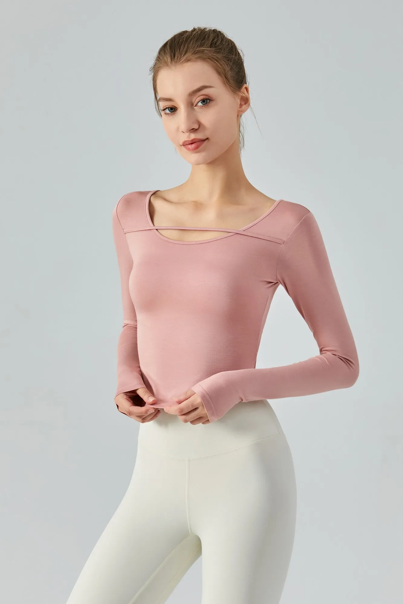 Chic Crew Neck Long Sleeve Curved Hem Tops