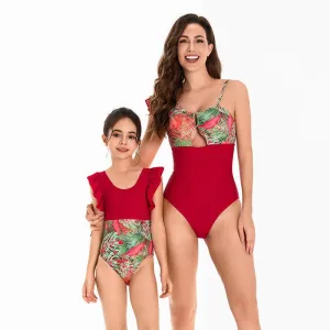 Chic Tropical Ruffle One-Piece Swimsuit - Lush Botanical Print with Elegant Solid Trim for Mother & Child