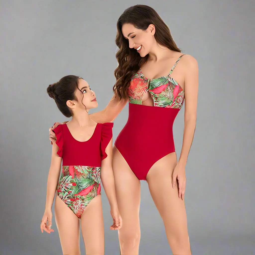 Chic Tropical Ruffle One-Piece Swimsuit - Lush Botanical Print with Elegant Solid Trim for Mother & Child